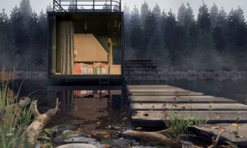 Innowacyjny projekt domku letniskowego na środku jeziora
